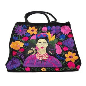 Mexican Embroidered Frida Floral Shoulder Tote Bag Black